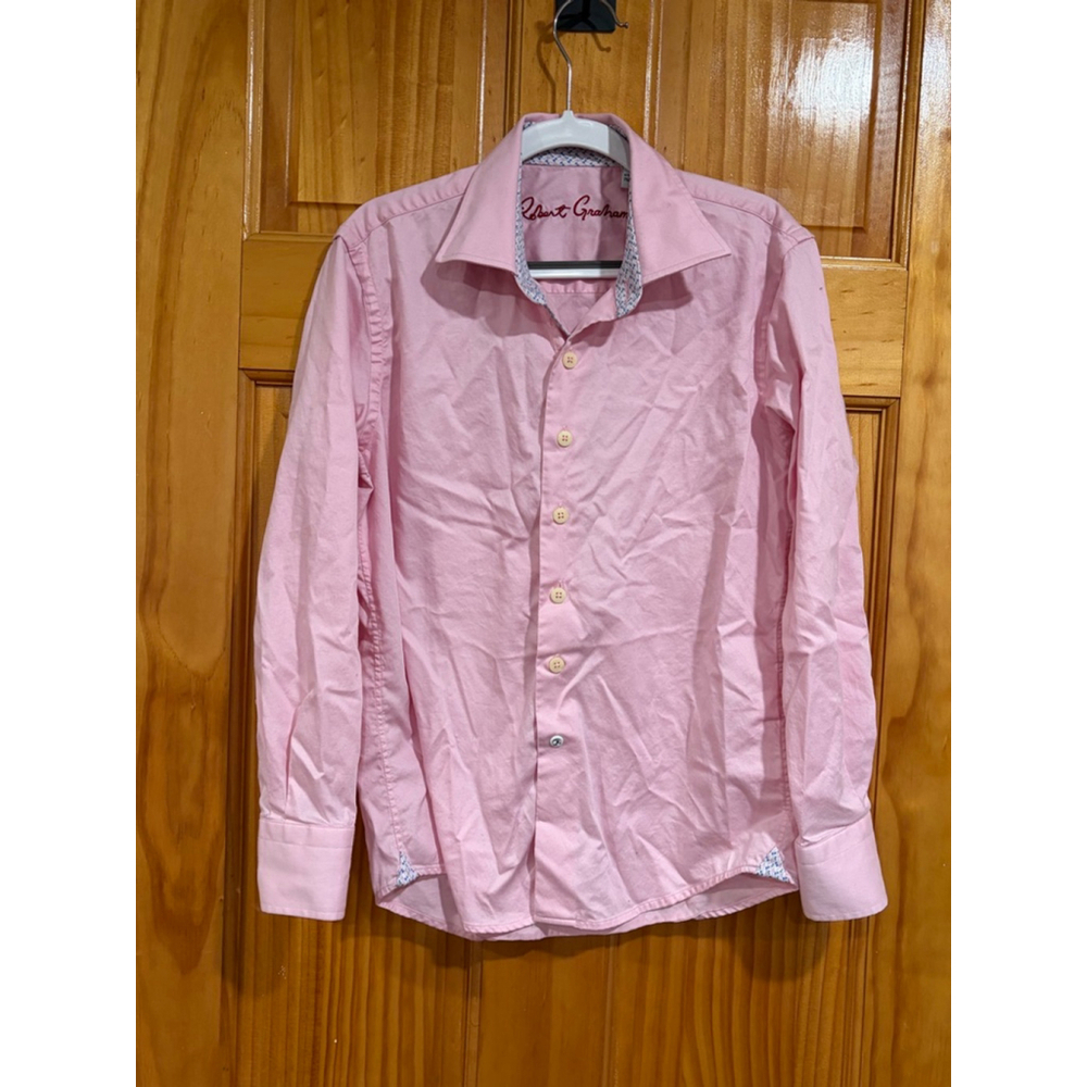 Robert Graham Boys Dress Shirt Pink Button Front Floral Trim Size 8 Small